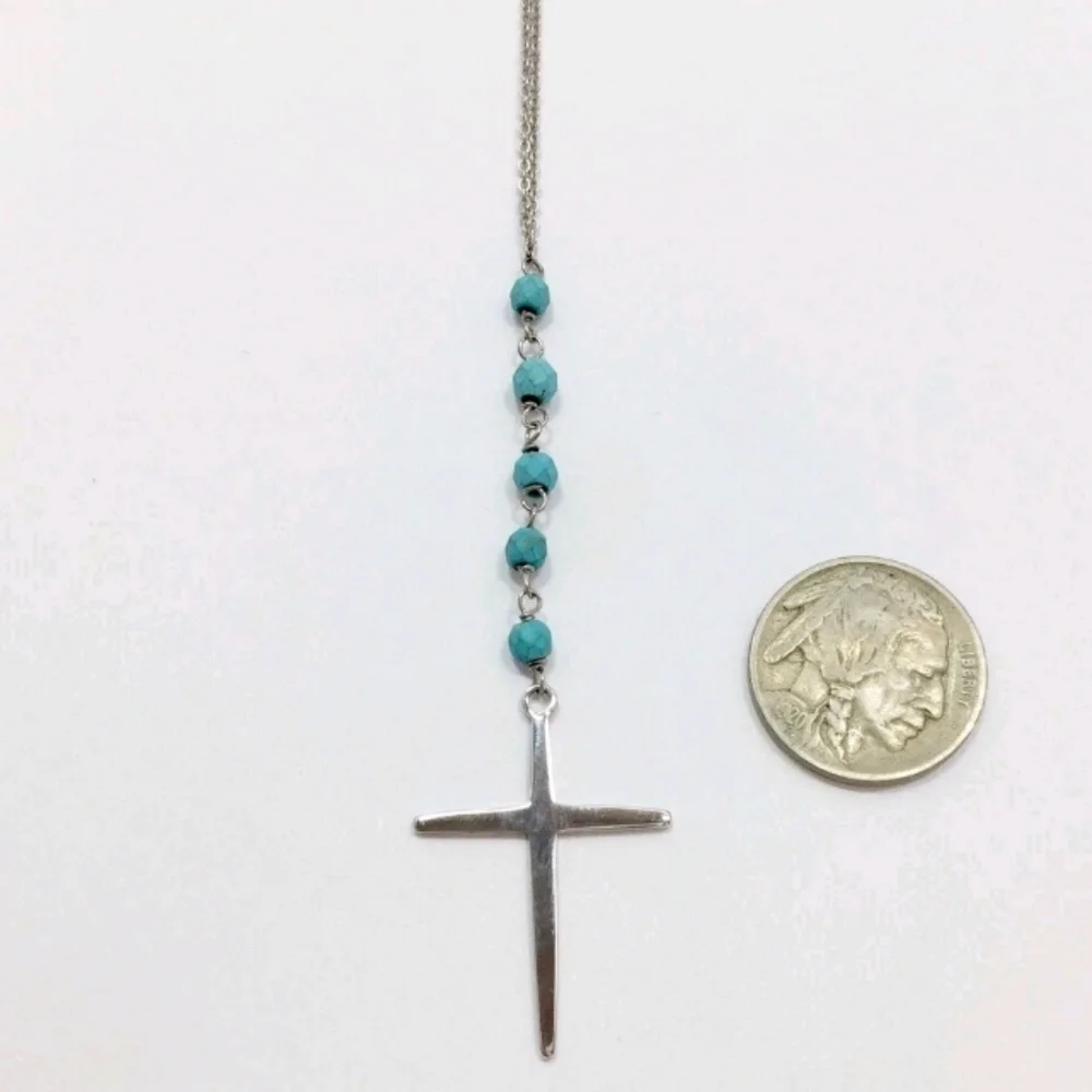 Silver Cross Necklace with Blue Beads